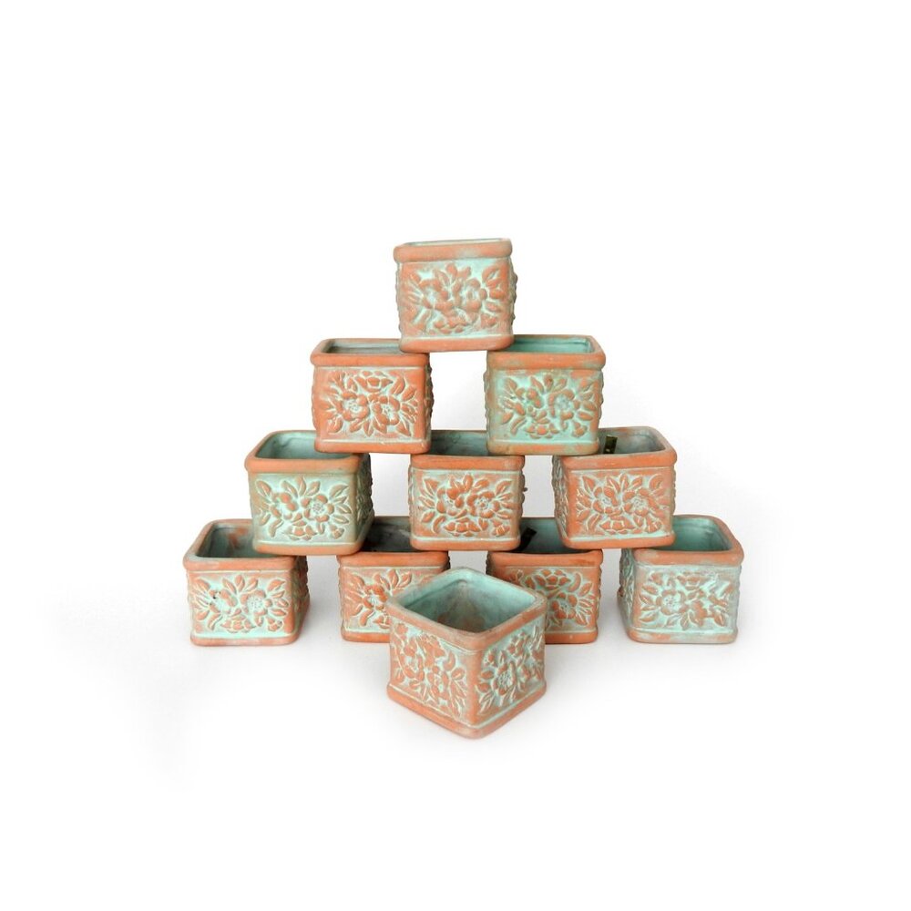 80s Square Terracotta Napkin Rings Green Patina Floral Design Taiwan 11 pcs